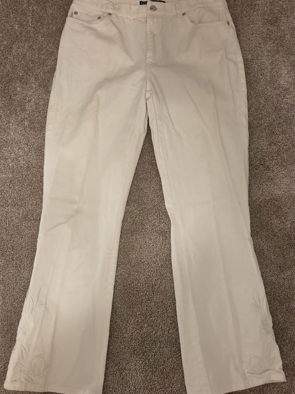 Vintage Lauren Ralph Lauren Cream Floral Embroidered Flare Jeans Size 12 Y2K
